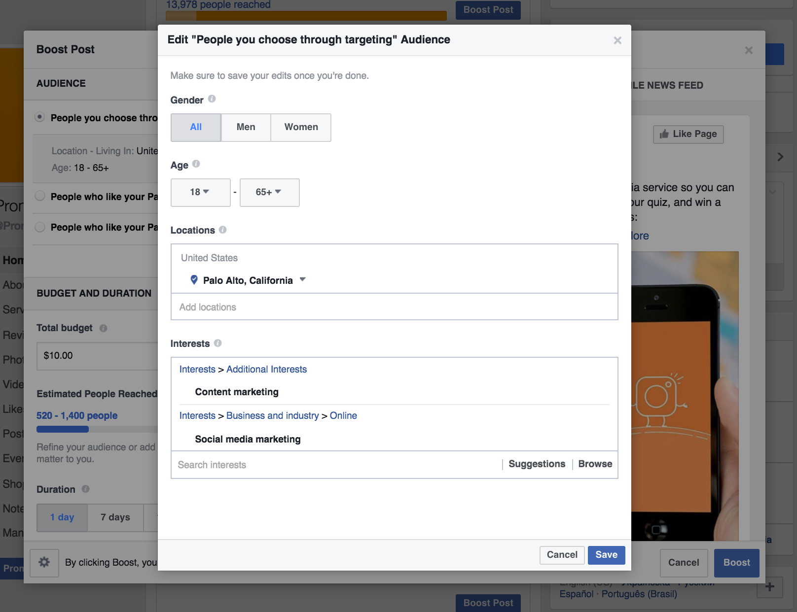 location, gender and age targeting on Facebook