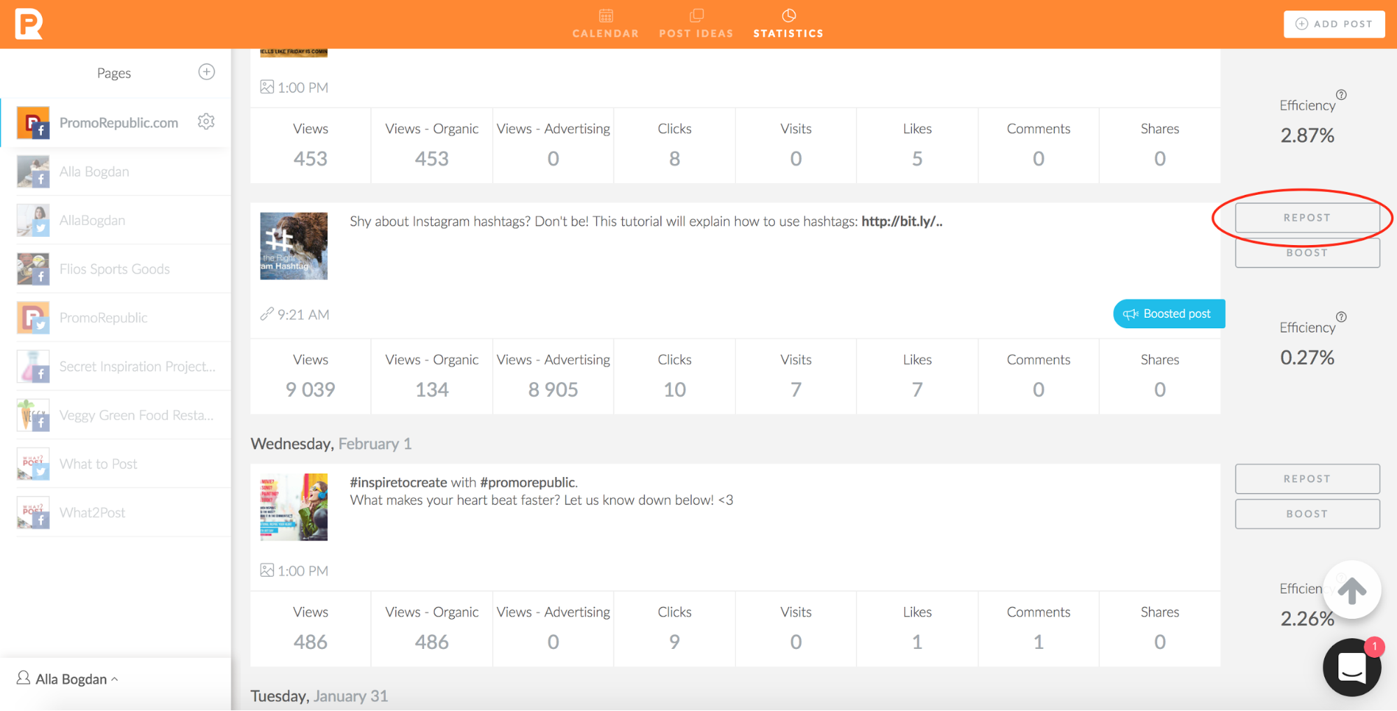 PromoRepublic Statistics - social post performance